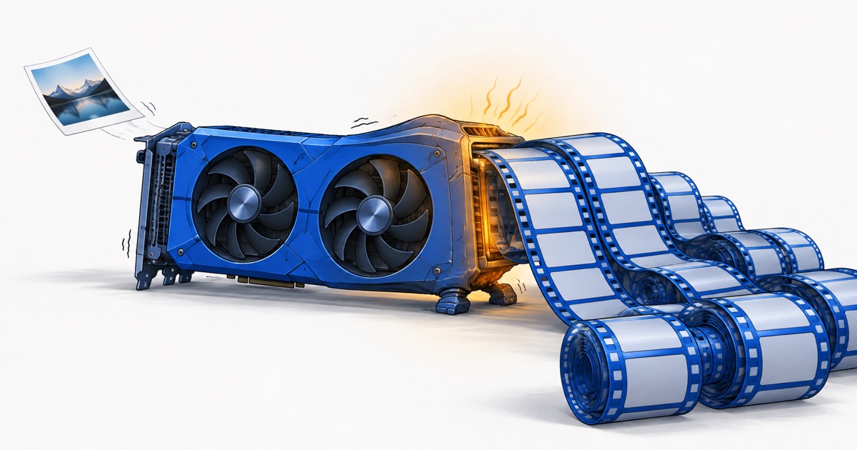 A graphics card producing one small photograph on one side and a long reel of film on the other, glowing with heat.