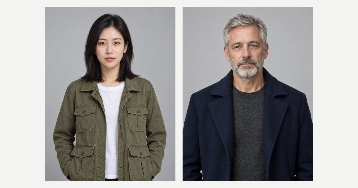 Two waist-up character reference portraits on a plain light-grey background: a young woman with shoulder-length black hair in an olive field jacket, and a grey-bearded man in a navy wool coat.