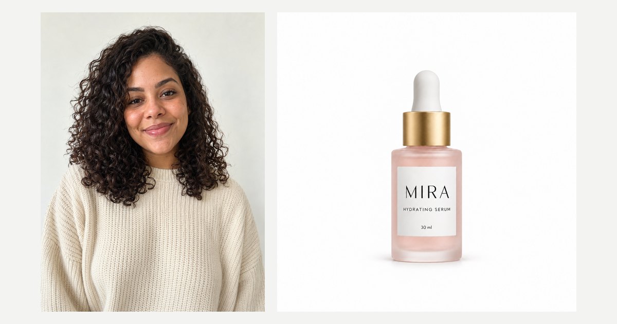 Dos fotos de referencia, una junto a la otra: una mujer sonriente de cabello oscuro y rizado, con un suéter tejido color crema, sobre fondo blanco hueso, y un frasco rosa esmerilado de sérum con la etiqueta blanca de MIRA, sobre fondo blanco.