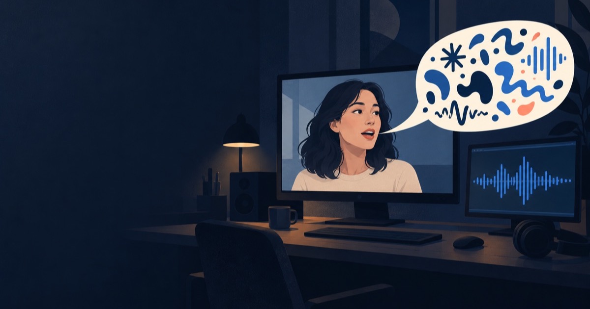 Sur l’écran de prévisualisation d’un logiciel de montage, une femme en pleine phrase ; à côté, une bulle remplie de formes brouillées, et sur un second écran une forme d’onde audio propre et régulière.