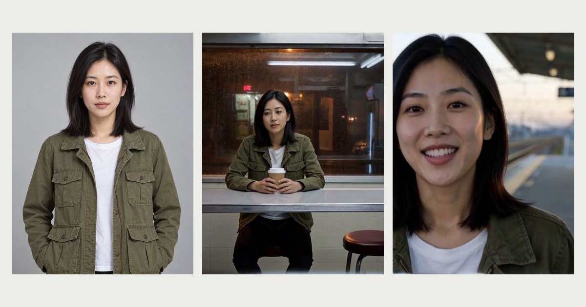 A reference portrait of a young woman in an olive field jacket, beside two frames from separate MiniMax H3 clips — a night café and a dawn train platform — with the same face and jacket in both.