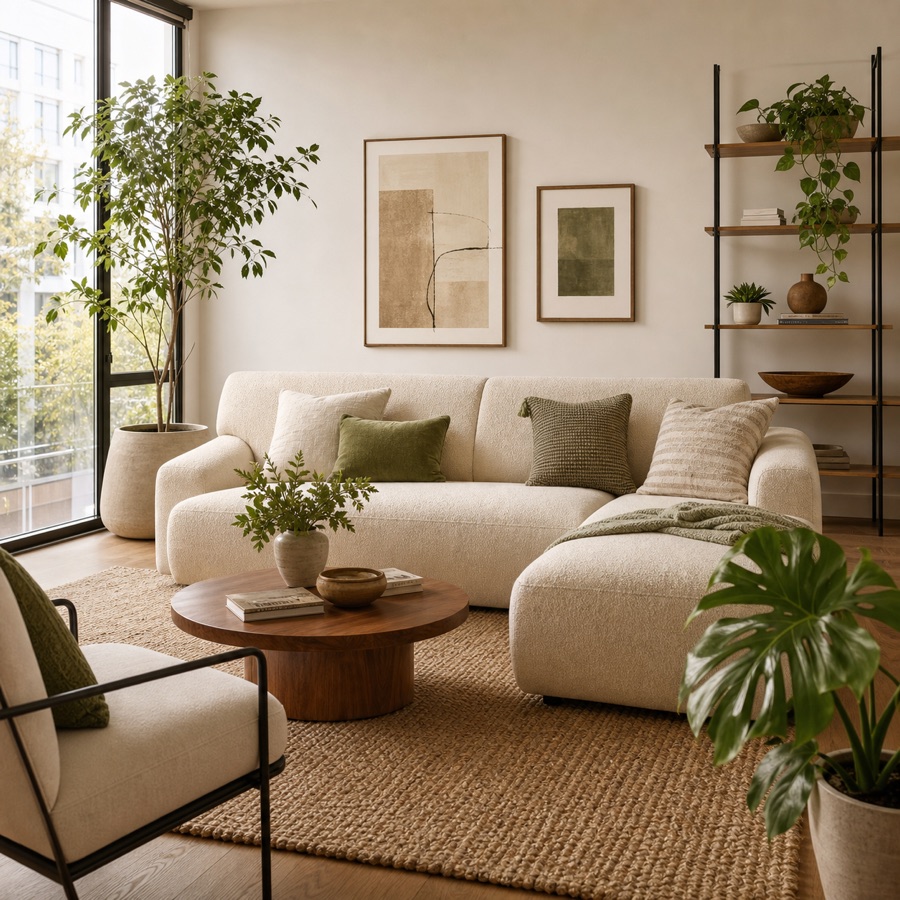 Interior de salón moderno generado con IA con sofá beige y plantas