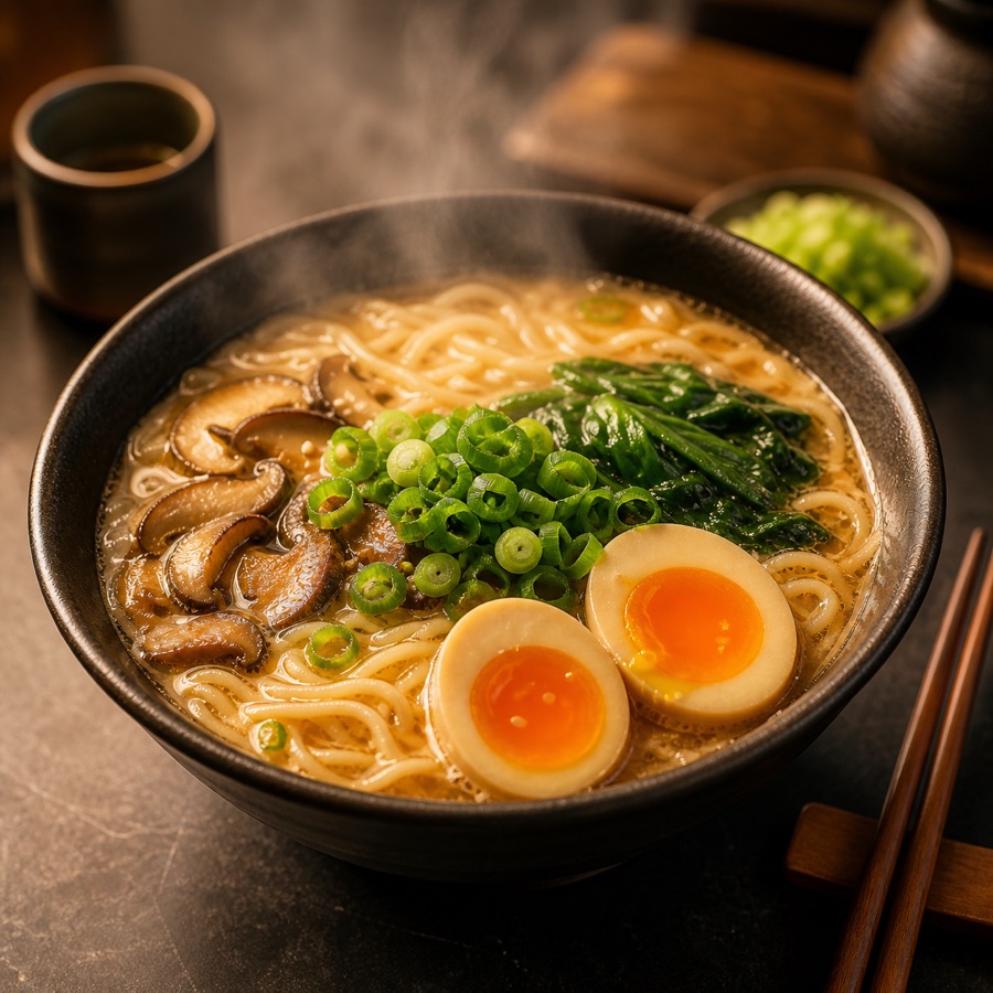 Foto de carta generada con IA de un bol de ramen con huevo y verduras