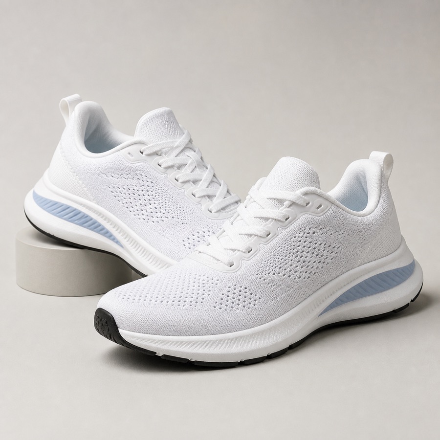 Foto de producto e-commerce generada con IA de zapatillas de running blancas