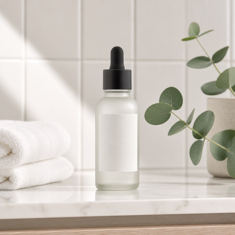 Foto de producto generada con IA de un frasco de sérum sin marca en una balda de baño