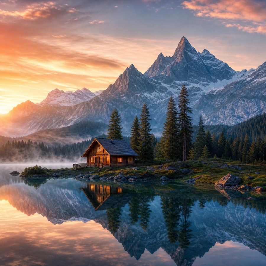 Fondo de pantalla de viaje generado con IA de una cabaña junto a un lago al amanecer
