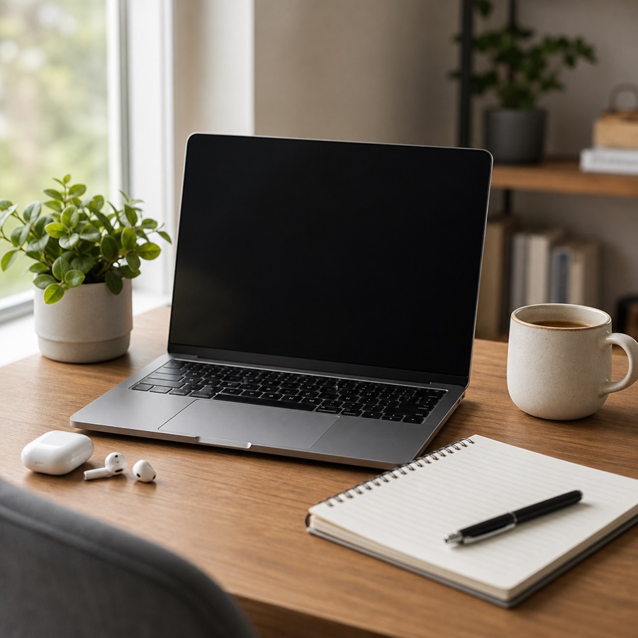 Foto generada con IA de un escritorio de teletrabajo con portátil, cuaderno, taza y planta